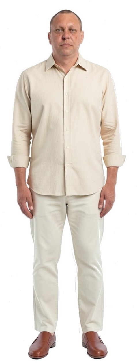 After: linen shirt, chinos and loafers, on the same person