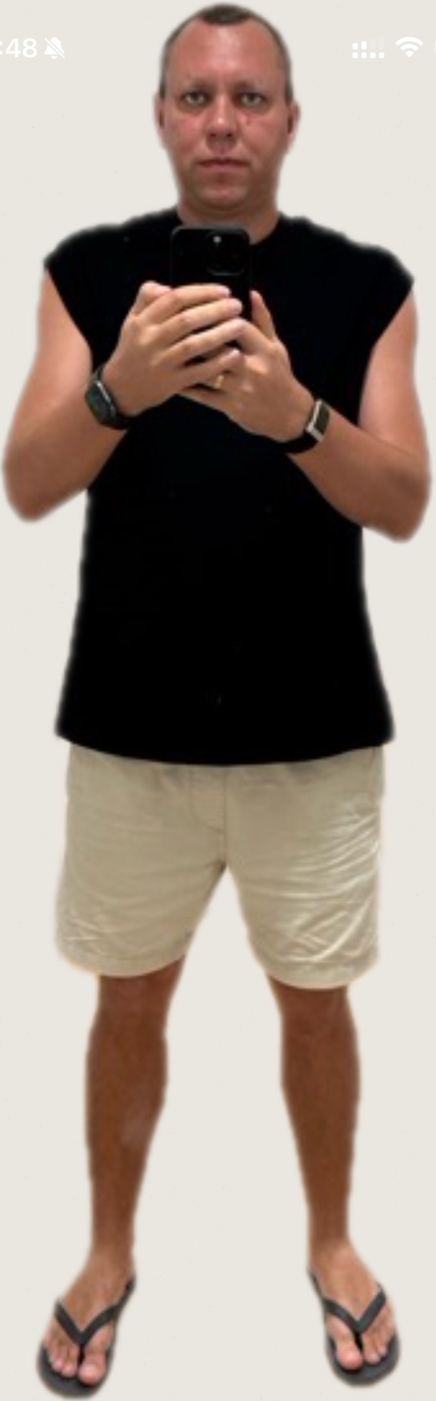 Before: sleeveless tee, shorts and flip-flops