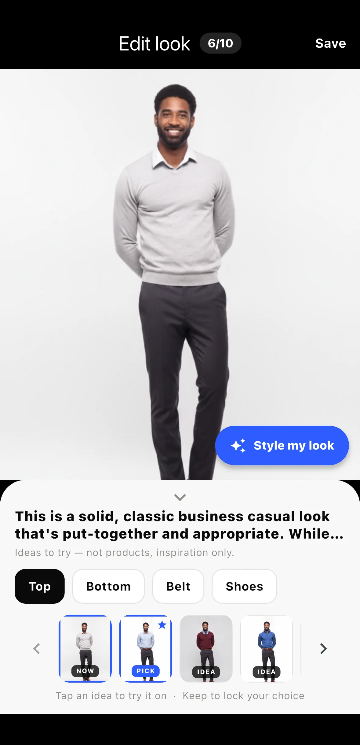 Snapstyle's read on the user's own avatar: a one-line verdict, a 1–10 score and slot-by-slot styling options.