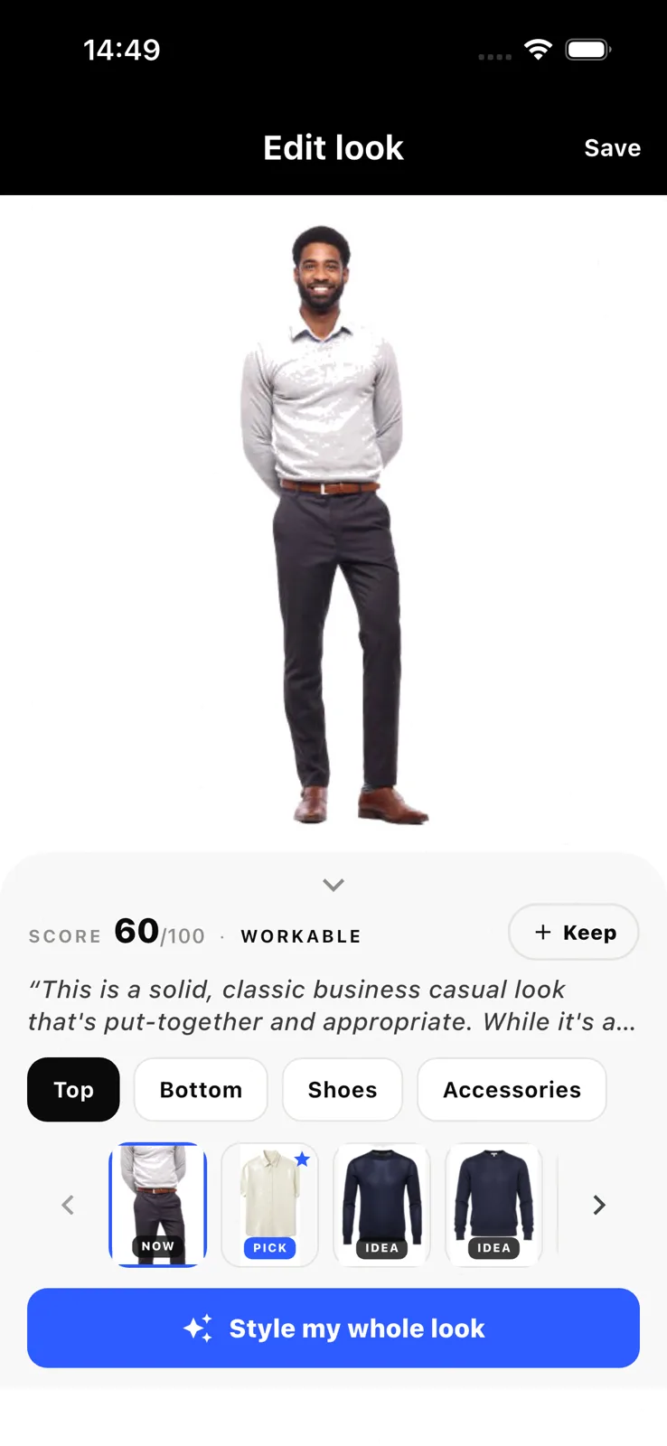 The same avatar after swapping the top for the stylist's recommended alternative, rendered on the user's own photo.
