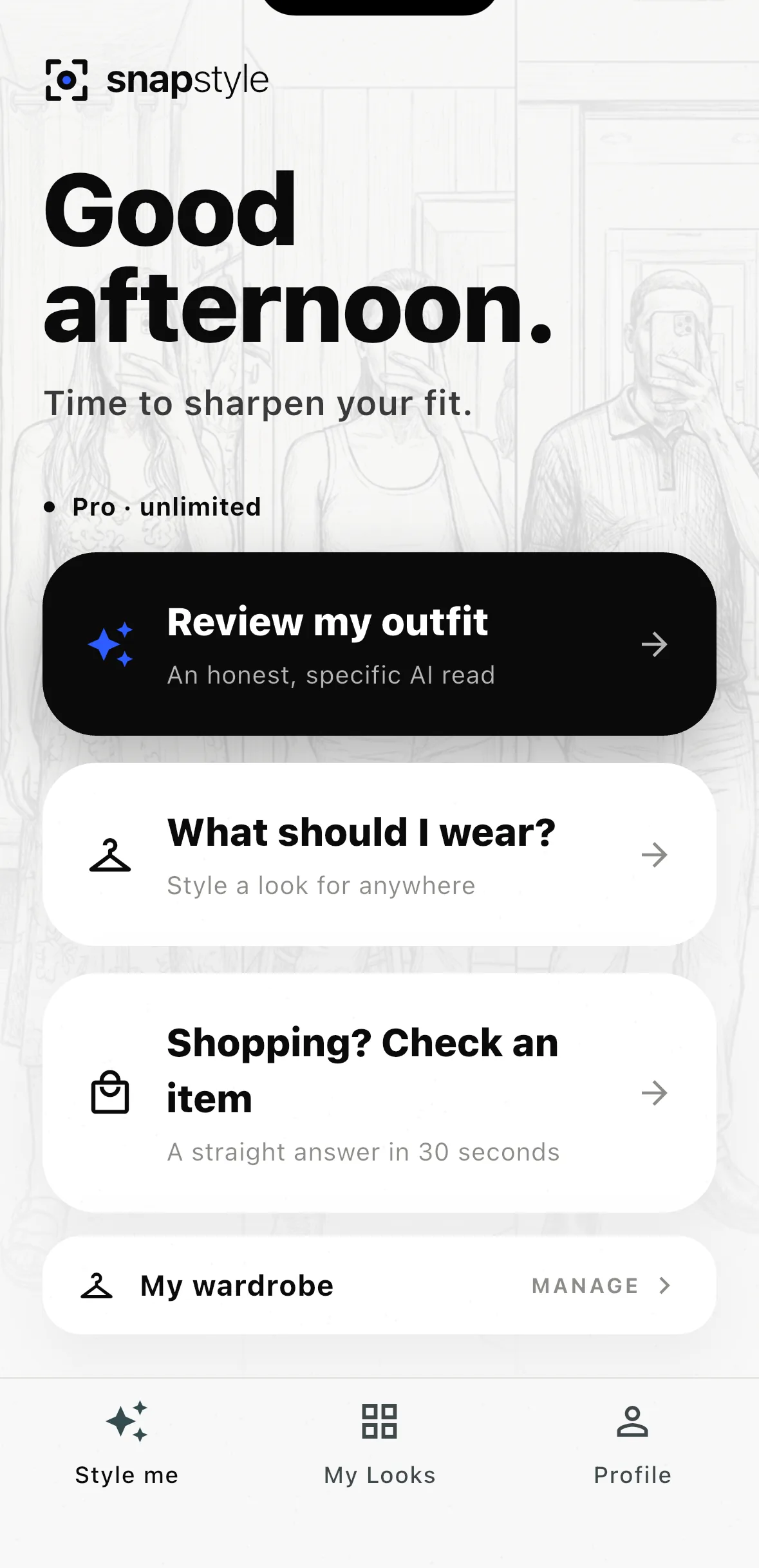 Snapstyle home screen — where a person opens the app to decide what to wear.