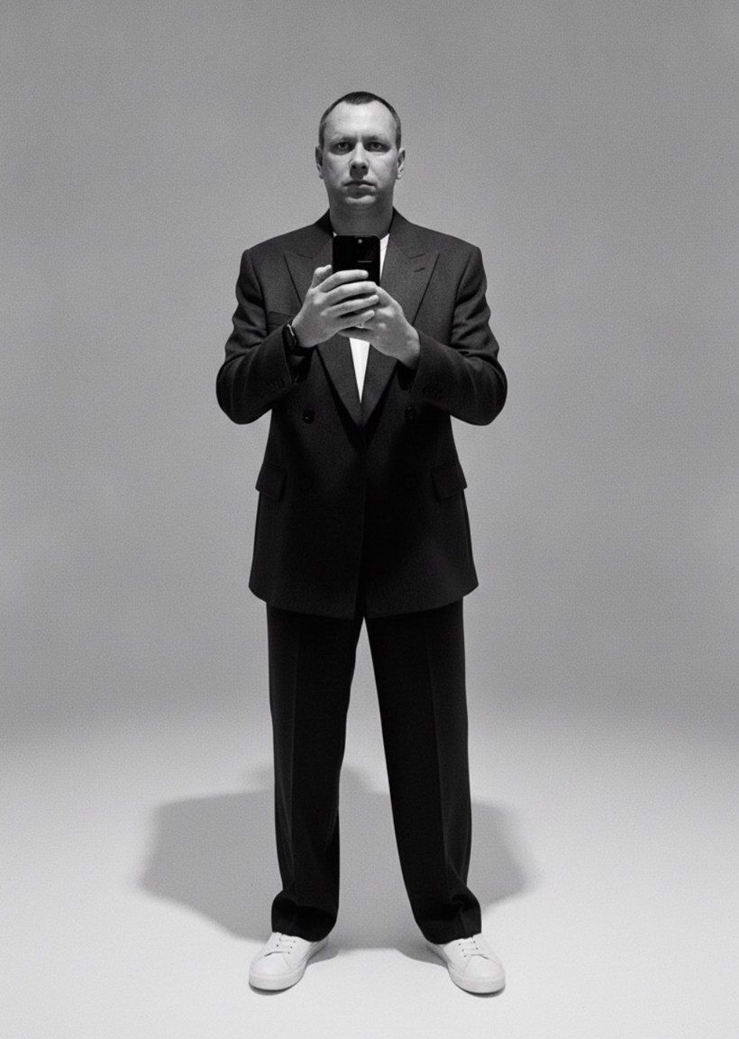 Tailored: double-breasted suit and white sneakers