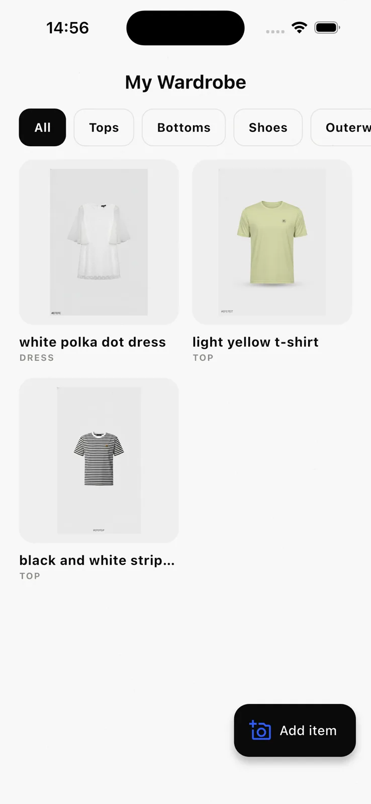 Digital wardrobe: your clothes as clean product shots, organized by category.